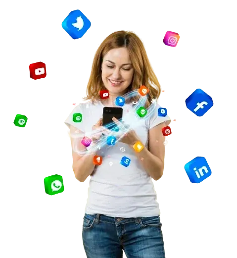 uma moça sorridente meche no celular de onde saem icones representando as redes sociais.